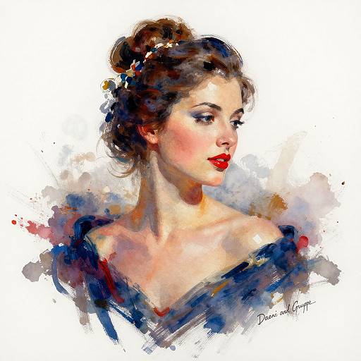 Digital painting of a beautiful woman with fair skin, red lips, dark brown hair in an updo, wearing a dark blue off-shoulder dress