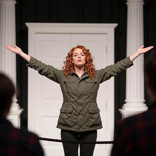 Redhaired Woman Standing with Arms Outstretched Indoors