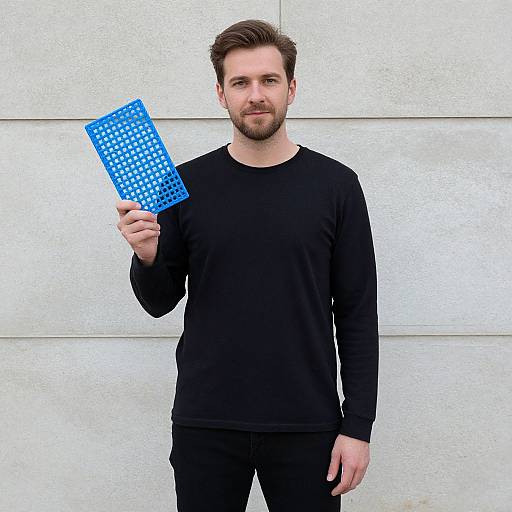 Photograph of a bearded man in a black long-sleeve shirt holding a blue perforated card against a white wall.