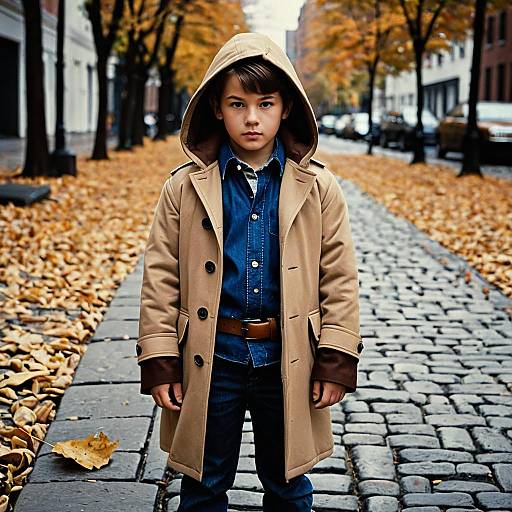 Boy in Tan Coat Standing on Cobblestone Street in Autumn