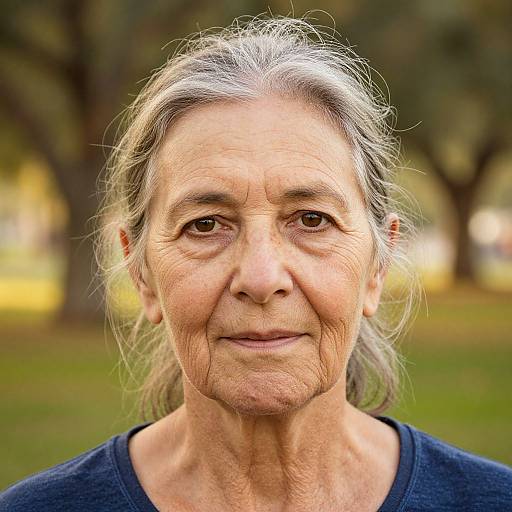 Photograph of an elderly woman with gray hair, wrinkled skin, and brown eyes, wearing a dark blue shirt, standing outdoors in a blurred park