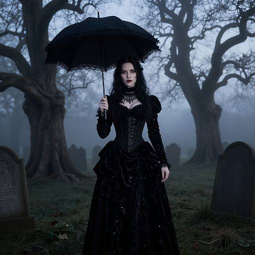 Gothic woman in black lace dress and veil, holding black umbrella, stands in foggy cemetery with bare, twisted trees.