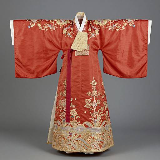 Photograph of a red, ornate clerical robe with gold floral embroidery, wide sleeves, and white lace trim, displayed against a gray backdrop.