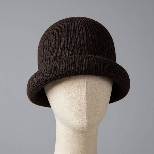 Photograph of a black knitted bowler hat displayed on a white mannequin head against a plain light blue background.