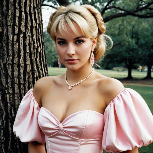 Woman in Retro Pink Puffy Sleeve Dress Outdoors