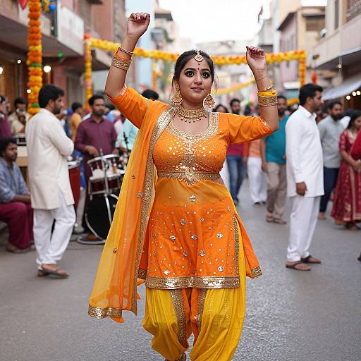 Photograph of a confident South Asian woman in an orange traditional lehenga with gold embroidery, performing a dance in a street festival, surrounded by people and