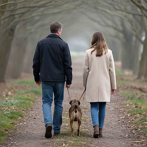 Couple Walking Dog in Misty Forest