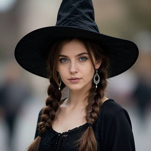 Photograph of a young woman with fair skin, blue eyes, and long brown braids, wearing a black witch hat and black lace top, with