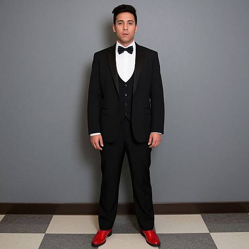 Photograph of a young Asian man in a black tuxedo with white shirt, black bow tie, and red shoes, standing against a gray wall