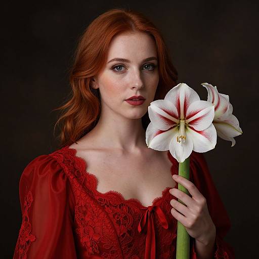 Elegant Woman with Crimson Gown and Amaryllis