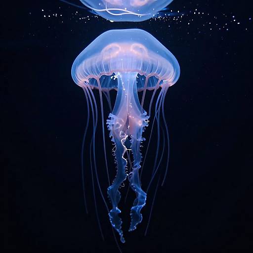 Photograph of glowing blue jellyfish with translucent, bell-shaped tops and long, flowing tentacles against a dark blue, star-speckled background.