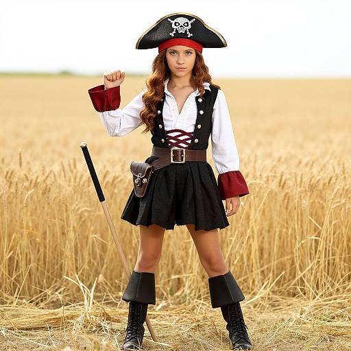 Photograph of a young woman in a pirate costume with a black tricorn hat, white shirt, black vest, skirt, and boots, standing in
