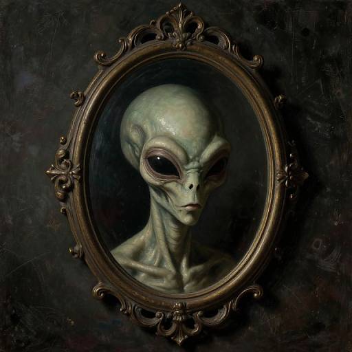 Digital painting of an alien with large, dark eyes and greenish skin in an ornate, oval, gold-framed portrait against a dark, textured