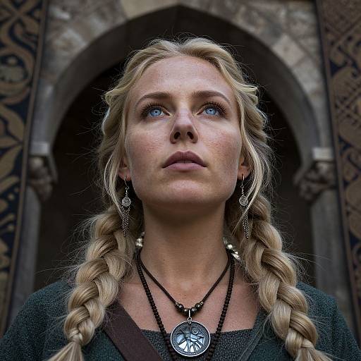 Photograph of a blonde woman with braided hair, blue eyes, and fair skin, wearing a dark medieval-style top and necklace, standing before a