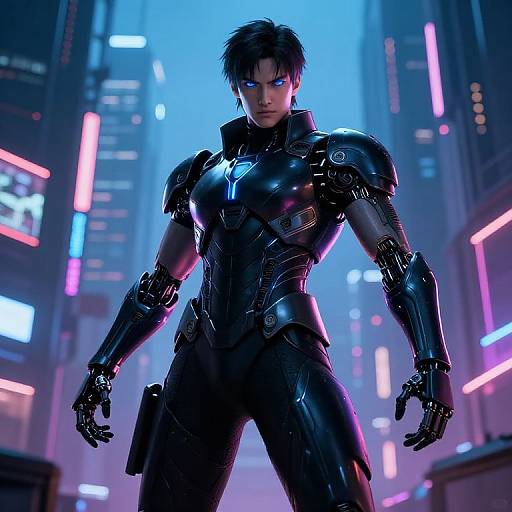 CGI image of a cyberpunk female warrior with glowing blue eyes, wearing a black, high-tech armored suit, standing in a neon-lit city