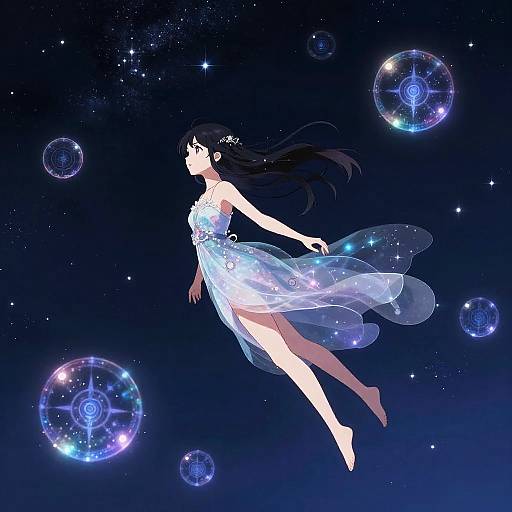 Anime-style digital artwork of a slender woman with long black hair, wearing a flowing, translucent white dress, floating in a starry, cosmic night sky