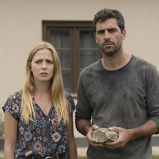 Concerned Duo Against Rustic Backdrop