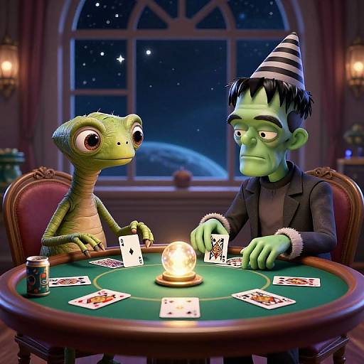 CGI image of a green lizard and green-skinned human in party hats playing poker at a candlelit table, with a starry night window background