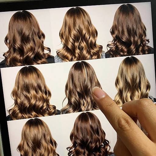 Photograph of six images showing various hairstyles of wavy, brown hair with blonde highlights, viewed from the back. A hand points to one of the