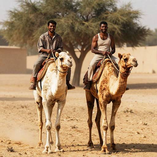 Two Men Riding Camels in the Sun