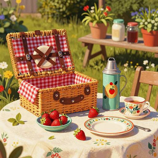Country Garden Picnic Table with Strawberries and Vintage Thermos