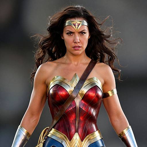 Photograph of Wonder Woman with long black hair, red and gold corset, blue skirt, silver bracelets, and tiara, standing confidently.