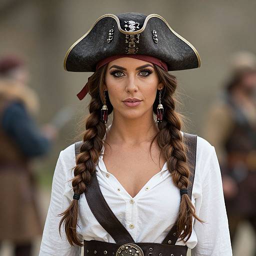 Photograph of a brunette woman with braided hair, wearing a black tricorn hat, white shirt, and brown belt, as a pirate, with