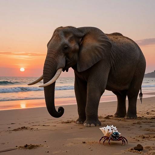 Photograph of a large African elephant with long white tusks standing on a sandy beach at sunset, next to a small, white-spotted black crab