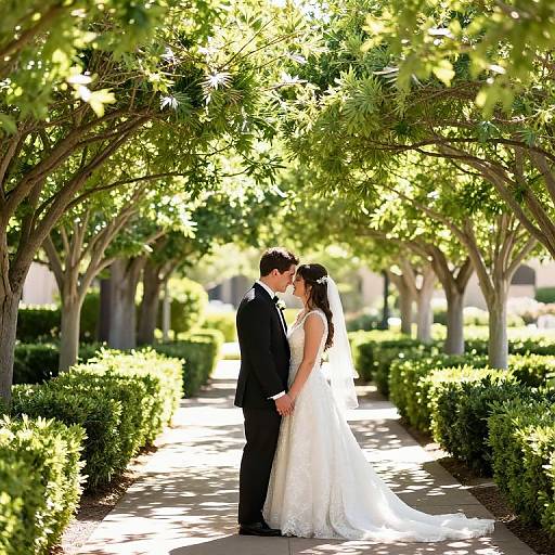 Photograph of a bride in a white lace gown and groom in a black suit, kissing under a sunlit, tree-lined path.