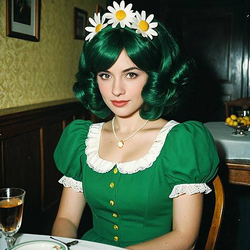 Photograph of a young woman with green hair, wearing a green dress with white lace, daisy headband, and pearl necklace, seated in a