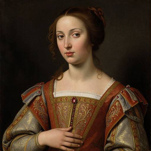Renaissance-style portrait of a young woman with fair skin, brown hair, and delicate features, wearing an ornate, gold-embroidered
