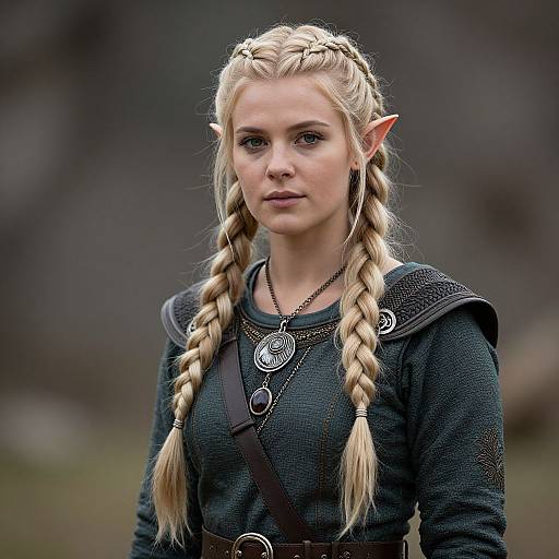 Photograph of a blonde elf woman with braided hair, pointed ears, wearing a dark green long-sleeve shirt, and silver necklace, set