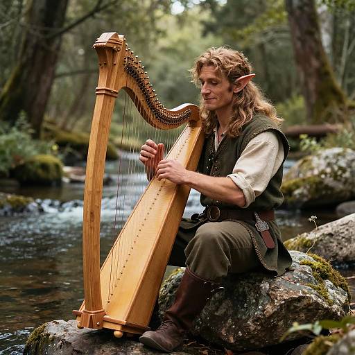 Photograph of a long-haired, elven man with pointed ears playing a wooden harp on a mossy rock in a forest stream.