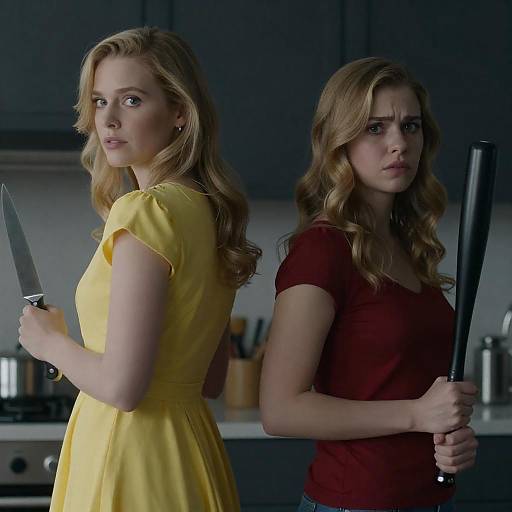 Dim Kitchen Suspense: Two Blonde Women