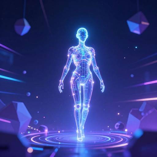 Digital artwork of a glowing blue neon wireframe woman standing in a circular neon light pattern on a dark stage.