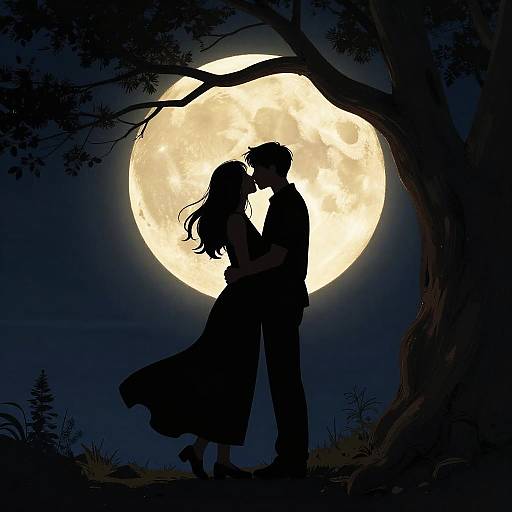 Silhouetted romantic couple kissing under a large, bright full moon, framed by a dark tree, in a moonlit forest. Digital art.