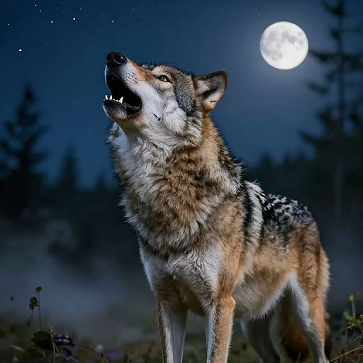 Photograph of a howling wolf under a full moon, with a dark, starry night sky and silhouetted trees in the background.