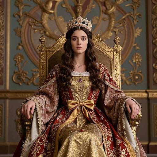 Photograph of a regal woman with long dark hair, wearing a gold crown, elaborate red and gold royal gown, and ornate gold chair,