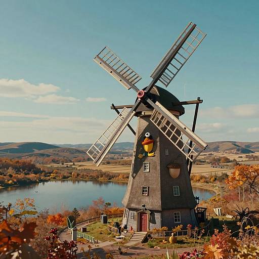 Photograph of a quaint, wooden windmill with a colorful, cartoon face, standing by a serene lake in a vibrant autumn landscape.