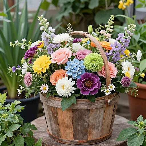 Photograph of a rustic wooden bucket filled with colorful flowers, including roses, daisies, and dahlias, set in a vibrant garden.