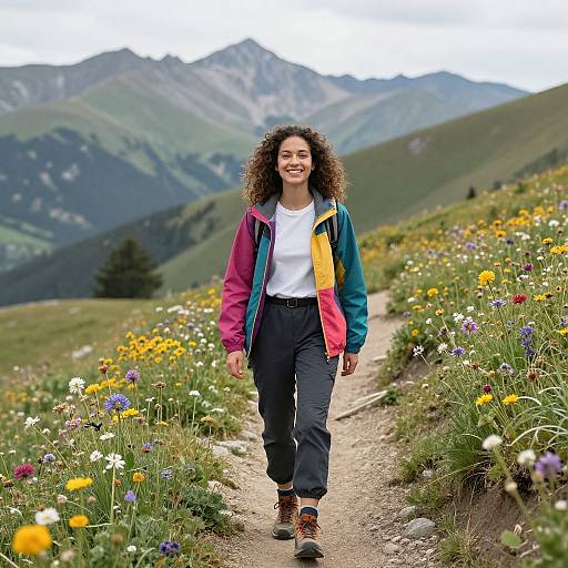 Photograph of a smiling young woman with curly hair, wearing a colorful jacket, white shirt, and black pants, walking on a mountain trail surrounded by