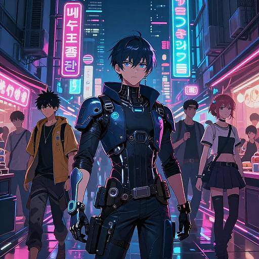 Neon-lit cyberpunk street scene: muscular, black-haired man with glowing armor and gun, surrounded by diverse, stylishly dressed people under vibrant
