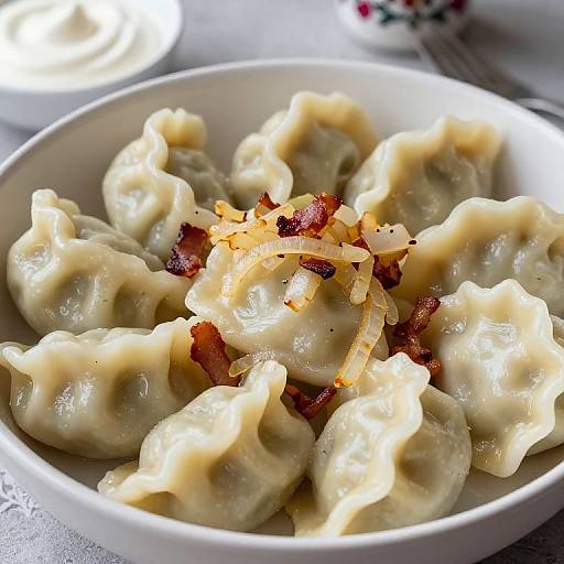 Photograph of creamy, plump dumplings topped with crispy bacon and shredded onion in a white bowl, with a blurred background.