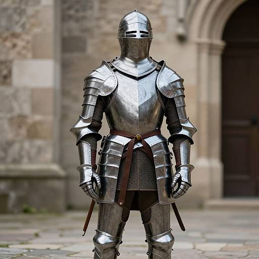 Photograph of a full-armored knight in shiny silver plate armor standing in front of a stone building with an arched doorway.