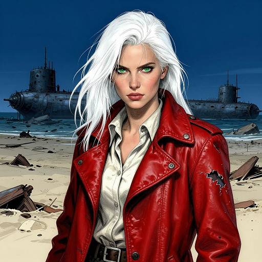 Digital art of a white-haired woman with green eyes, wearing a red leather jacket over a white shirt, standing on a sandy beach with two sunken