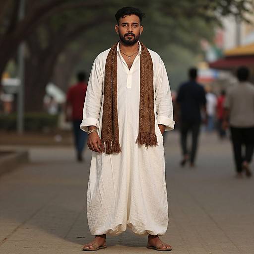 Photograph of a bearded man with dark skin, wearing a white traditional kurta, brown scarf, and sandals, standing on a blurred urban street