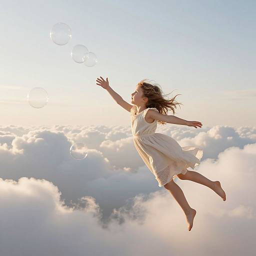 Photograph of a young woman with long brown hair, wearing a flowing white dress, joyfully jumping mid-air against a backdrop of fluffy clouds and a