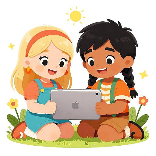Cartoon illustration of a blonde girl in blue overalls and a brown-haired boy in orange shirt, both kneeling on grass, smiling while using an iPad