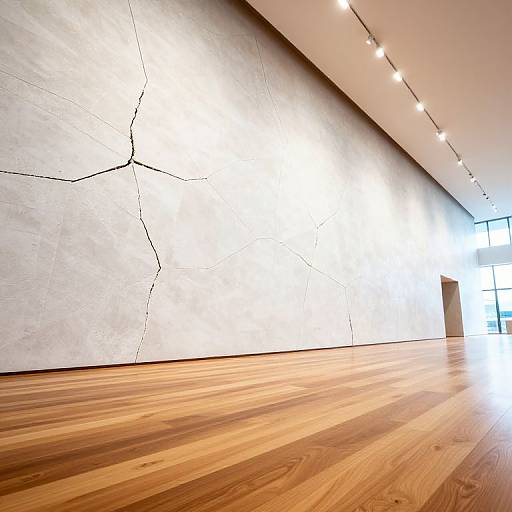 Modern art gallery interior photograph: cracked white wall, wooden floor, string lights along ceiling, bright natural light, empty space.