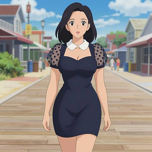 Anime-style digital drawing of a black-haired woman in a black dress with polka dot sleeves, walking down a sunny, pedestrian street.